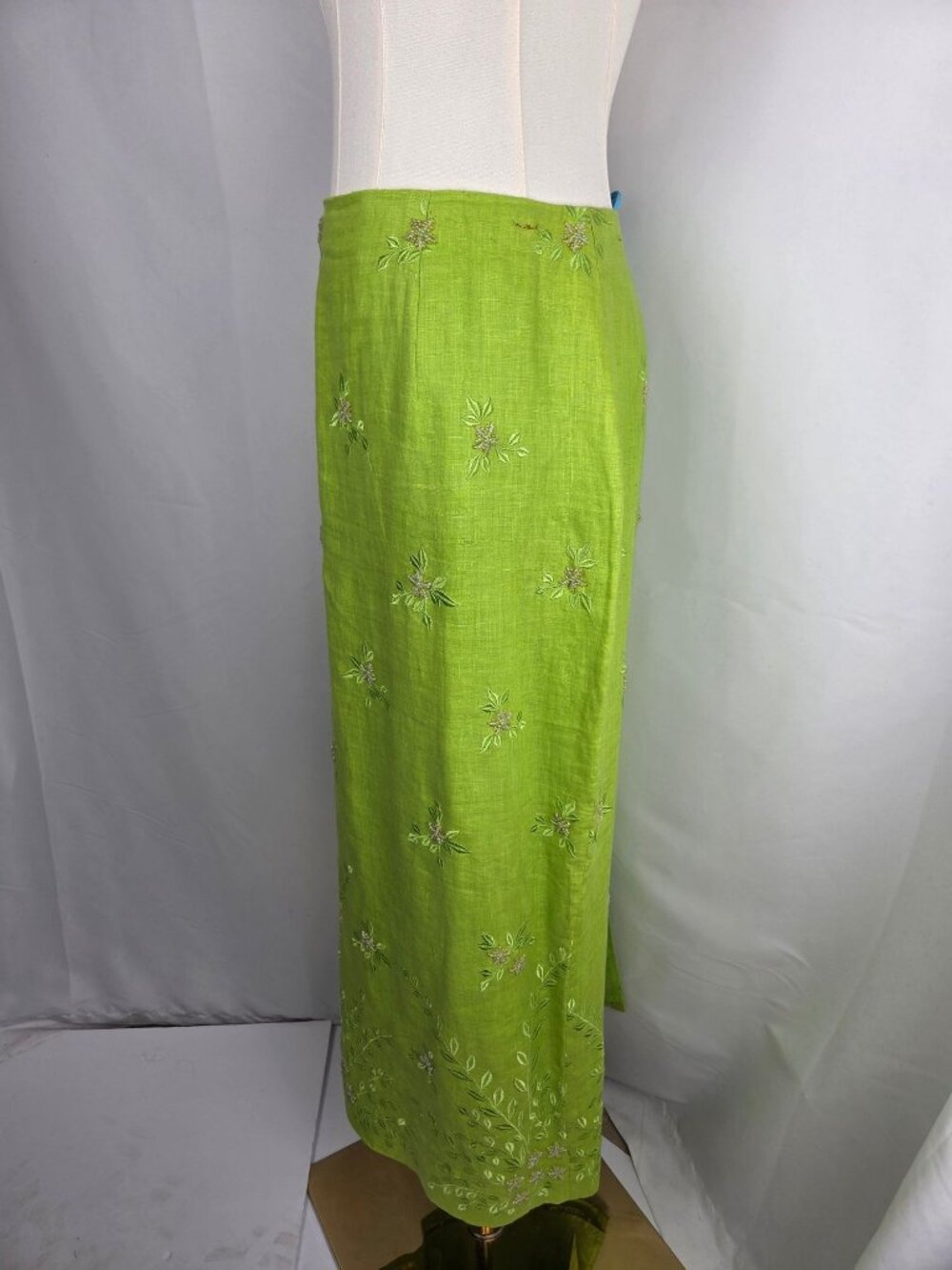 Vintage Lime Green Linen Skirt Sz 14 Floral Embroidery Maxi Coastal Boho Summer - Picture 3 of 13